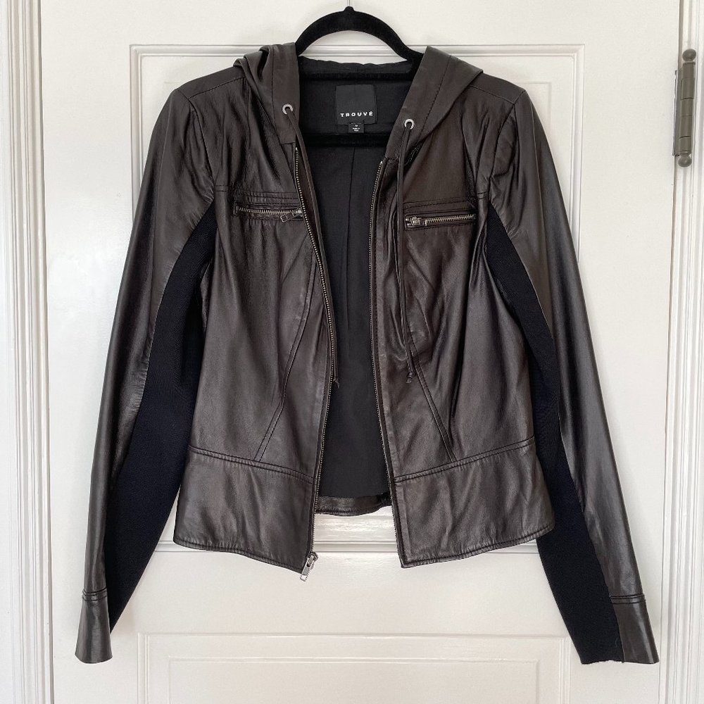 Trouve Hooded Leather Jacket Black Medium